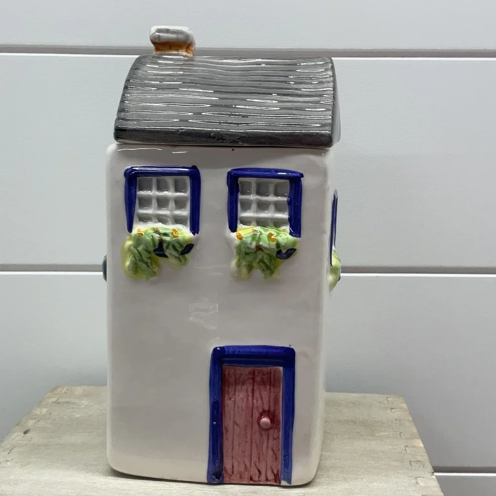 The Tea Shop Ceramic House Canister Hand Painted Cottage Tea Jar White Blue 7in
